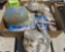 wooden shelves, plastic hard hat, misc tools, brass