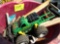 plastic tub, ruler, misc tools, toy truck