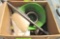 old fishing box w- fishing bobbers, crowbar, strainer, misc yard