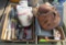 cookie can, misc items, baseballs gloves, misc toys, drink mixer