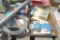 4 boxes of plumbing, hinges, label gun, spam money banks