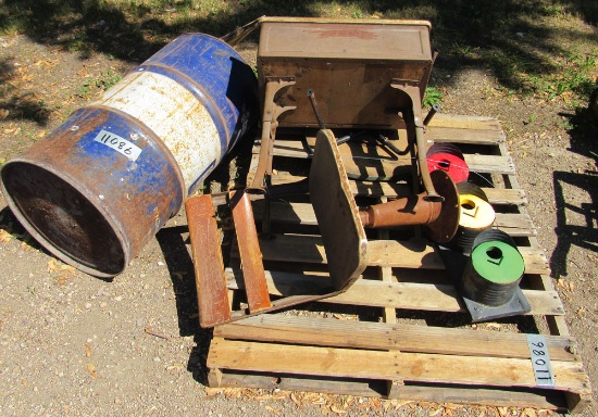 antique school desk, bird house, metal drum,