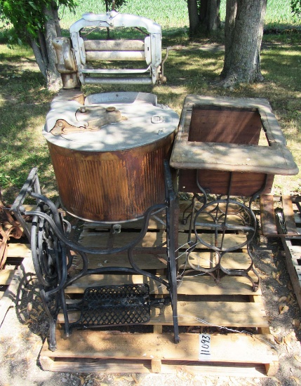 copper ringer washing machine, 2 old sewing machine frames