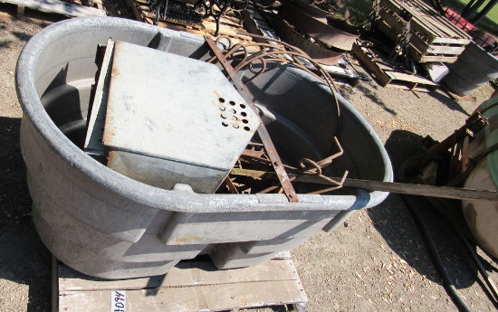 water tub, misc metal pieces, old metal garden tiller