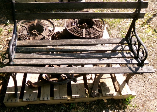 old bench, chains, pulley, 2 spools of metal wire