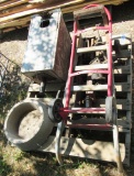 Bird house, metal & wooden dollies, 2 cylinders, cement water