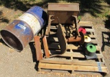 antique school desk, bird house, metal drum,
