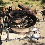 old steel chair, old metal bed head board, steel wheels