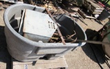 water tub, misc metal pieces, old metal garden tiller