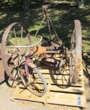 old trike, steel wheel cart with seat