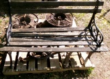 old bench, chains, pulley, 2 spools of metal wire