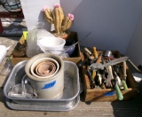 box of can openers, oil lamps, mini crocks, potato ricer