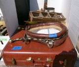 suitcase, horse collar mirror, wine rack, hanger basket, tool rack, crumb cake iron