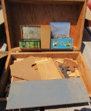wooden box, stencils and tins