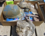 wooden shelves, plastic hard hat, misc tools, brass