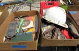hard hats, 2 boxes misc tools