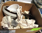 2 chests w/ roller blades, metal bowls, crock bowl, misc decor