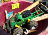 plastic tub, ruler, misc tools, toy truck