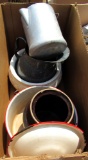 metal pots, ceramic pots, cake tins, uno vac thermos, misc kitchen wear