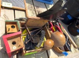 bird houses, garden tools, wooden birds, outside decor