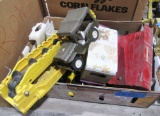 metal trucks and tractors (international, Farmall, Tonka), Building blocks and logs.
