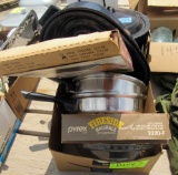 Belgian waffler maker, steel pans, blue metal roaster, dish, blue canning jar
