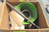 old fishing box w- fishing bobbers, crowbar, strainer, misc yard