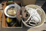 clay pigeons hard hats, rope, pipe wrenches, vise, hammer