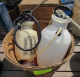 2 hand sprayers, bushel basket
