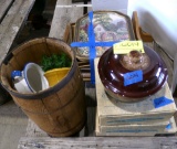 Wood barrel, plate and tea cup sets, asst. frames , hallway mirror w/ shelf
