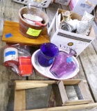 wooden bucket, asst. vases, small bench (decor), misc. serving dishes