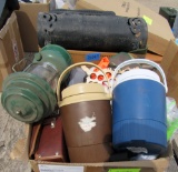 12 gallon thermal jugs, lantern, cassettes, misc etc.
