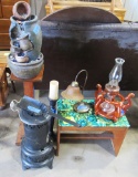 waterfall, plant stand, oil lamp, heater, desk lamp, bench