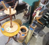 2 tables, milk can, misc. chicken decor