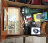 doctor bag, old cameras, cigar box, misc