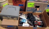 2 cash boxes, records. cassette tapes, portable tv