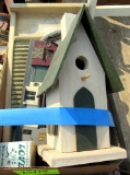 wall decor, stan glass, bird house, wash board, chicken plates