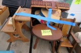 wicker basket, doll chairs, table