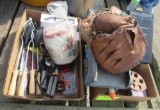 cookie can, misc items, baseballs gloves, misc toys, drink mixer