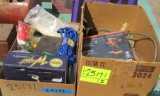box of rope, door nobs, tie wraps, misc items, tourelle 12v cordless li-ion drill, misc tools
