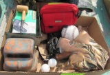 tape strips, metal toy truck, baseball, 2 golf balls, toy pop gun, 2 horse head statues, etc.