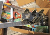 hand saws, square measuring stick, misc tools