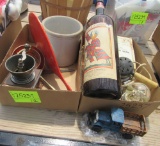 cook books, crock, cast-iron antique truck, hair dryer, mixer, giant wine bottle