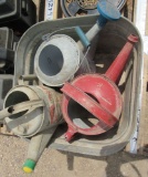3 watering cans, wash tub