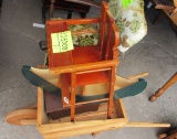 wooden wheel barrel, wooden play high chair