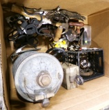 misc. antique and newer tools, pulley, gas can