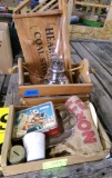 antique metal lunch box, burlap sacks, oil lamp, wooden decorative crate, Big Ben clock