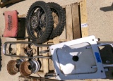 shop chair, bike tires, small rims, misc