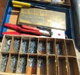 wooden box w- drill , 2 boxes gloves, wire nuts