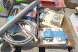 4 boxes of plumbing, hinges, label gun, spam money banks
